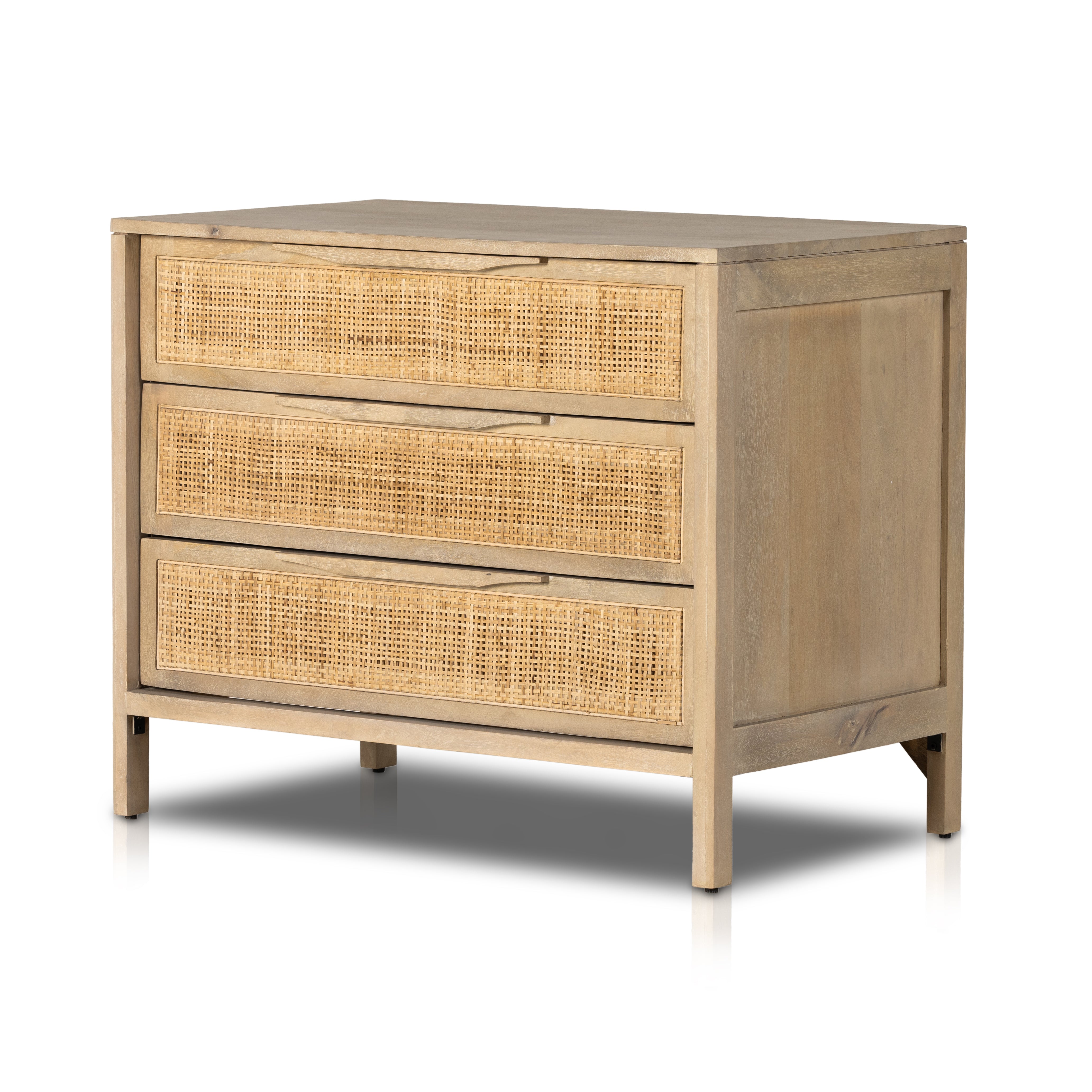 Natural mango frames inset woven cane, for a light, textural look with organic allure. Three spacious drawers provide plenty of closed storage. Amethyst Home provides interior design, new home construction design consulting, vintage area rugs, and lighting in the Des Moines metro area.