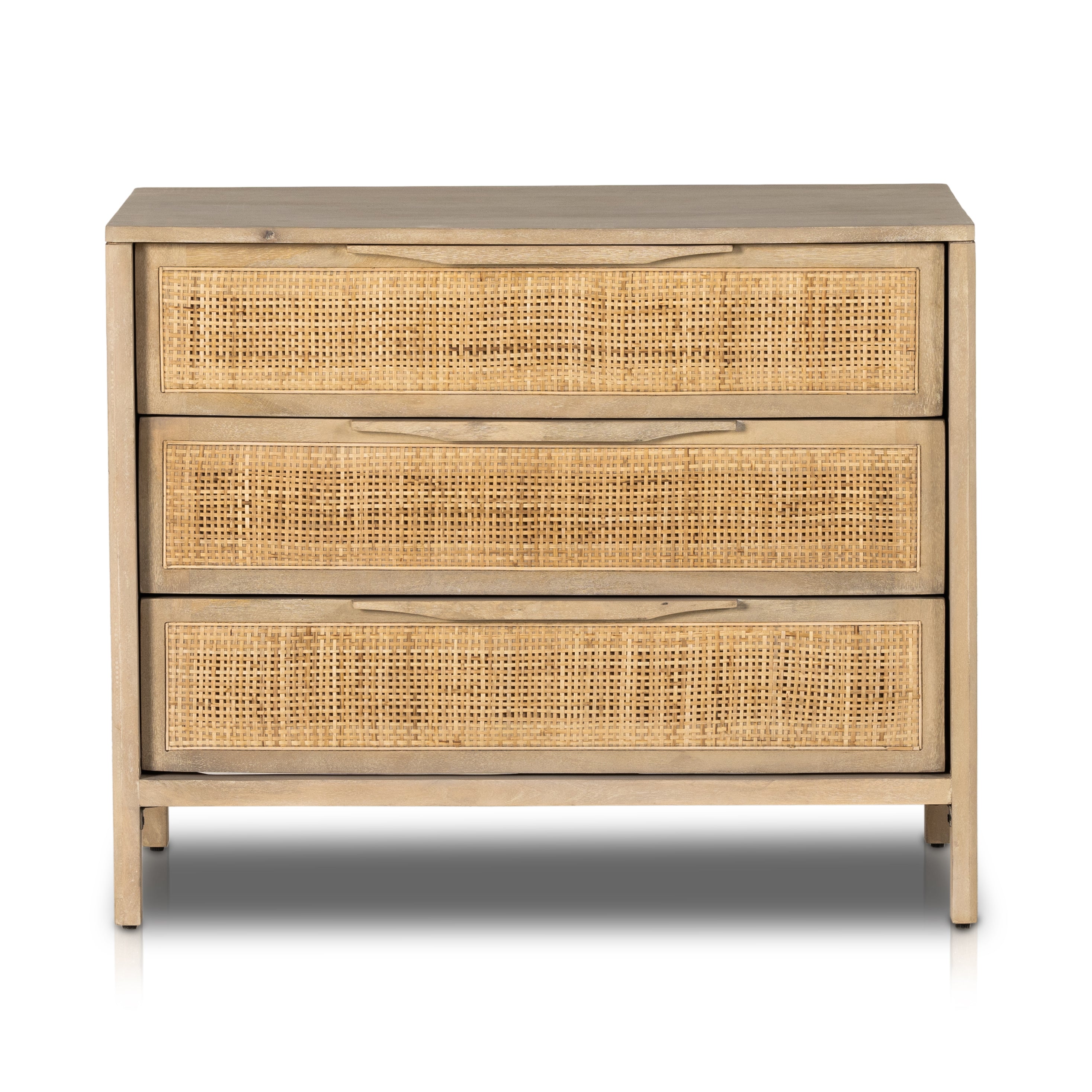 Natural mango frames inset woven cane, for a light, textural look with organic allure. Three spacious drawers provide plenty of closed storage. Amethyst Home provides interior design, new home construction design consulting, vintage area rugs, and lighting in the Laguna Beach metro area.