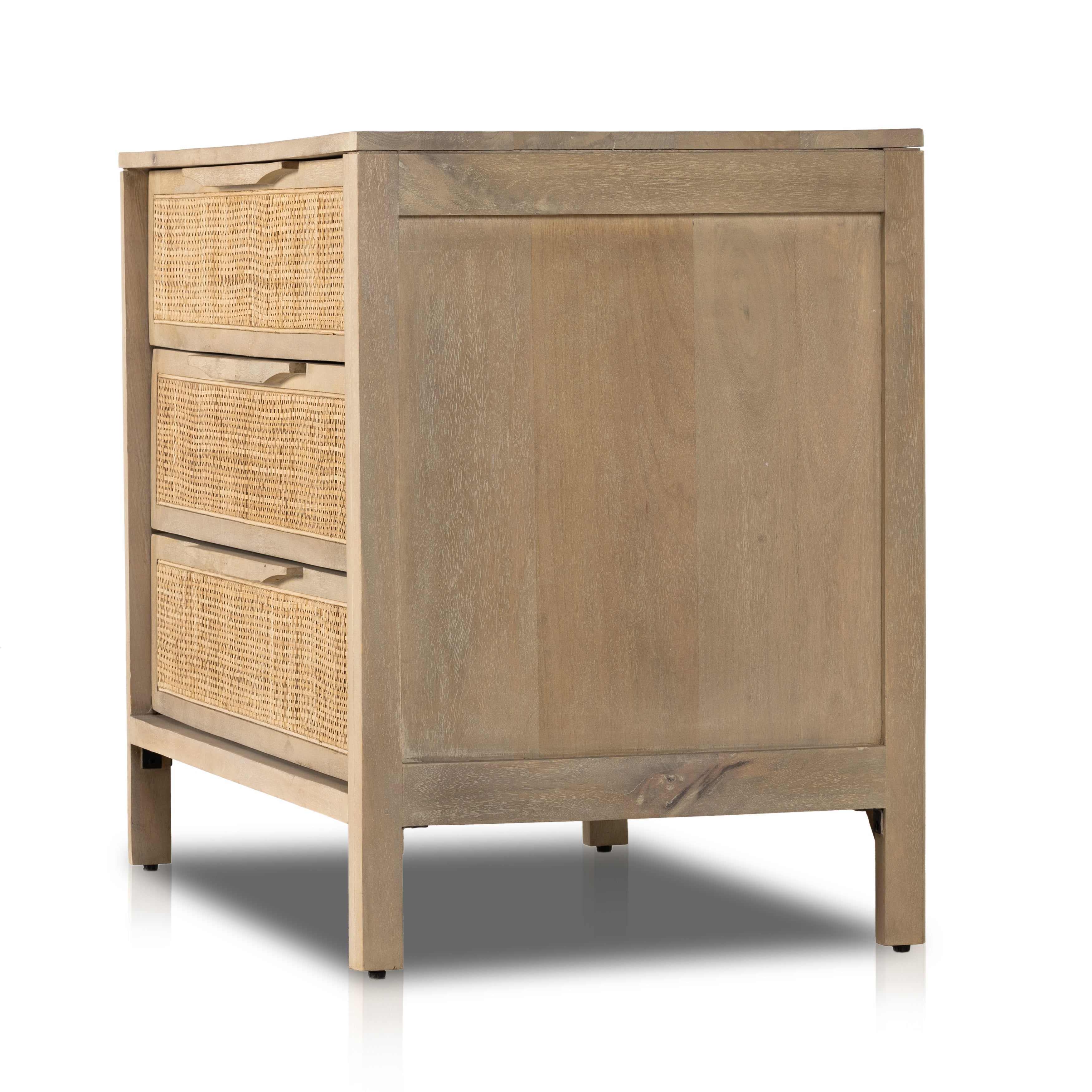 Natural mango frames inset woven cane, for a light, textural look with organic allure. Three spacious drawers provide plenty of closed storage. Amethyst Home provides interior design, new home construction design consulting, vintage area rugs, and lighting in the Park City metro area.
