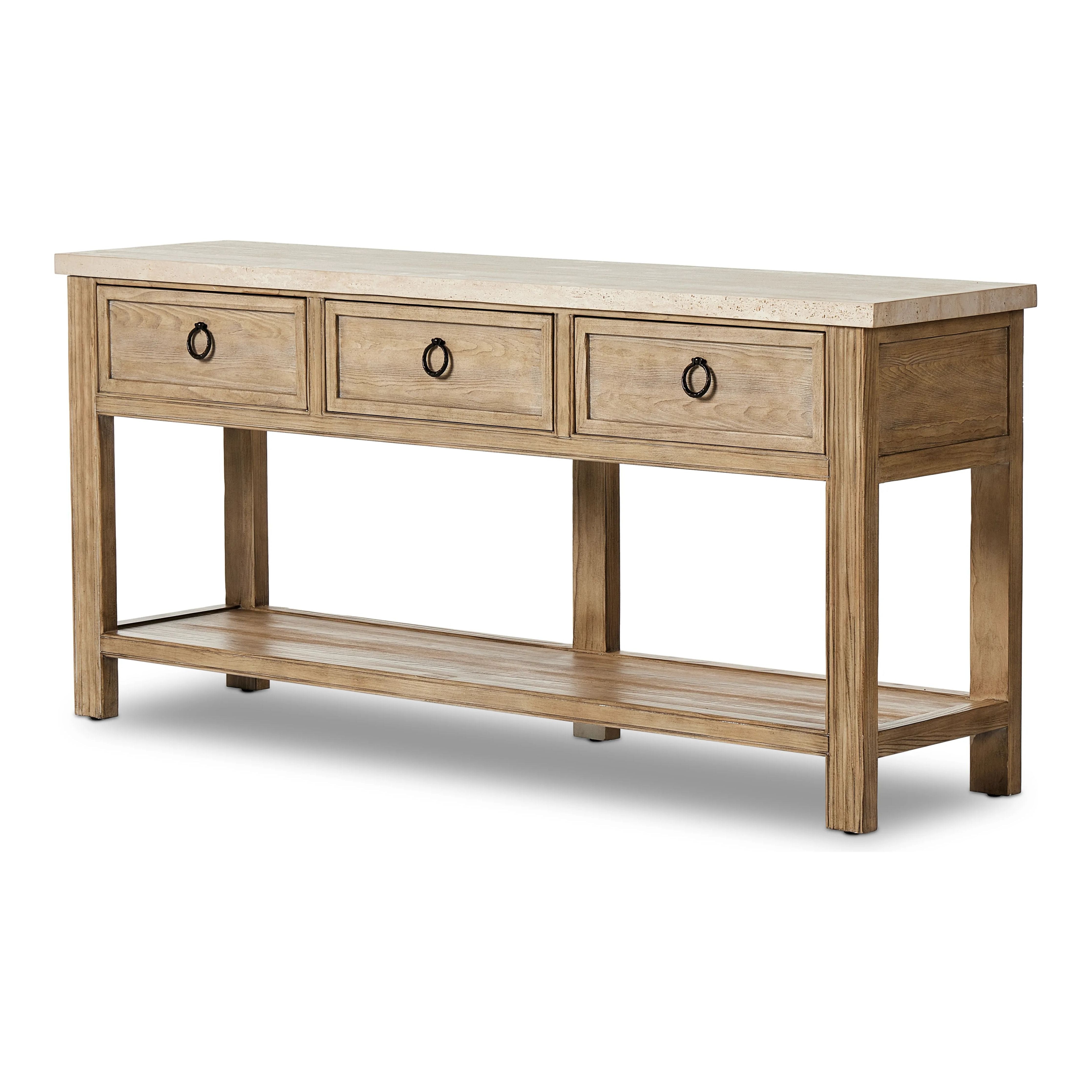 Bring bonus storage space to the media room or entryway. Made from solid pine and finished in an ash grey, with facet detailing and a smooth, silver travertine top. Handmade hardware adorns three spacious drawers. By the makers at Van Thiel, known for their antique-inspired pieces and hand-applied finishes.Collection: Van Thie Amethyst Home provides interior design, new home construction design consulting, vintage area rugs, and lighting in the Omaha metro area.