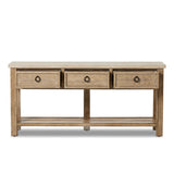 Bring bonus storage space to the media room or entryway. Made from solid pine and finished in an ash grey, with facet detailing and a smooth, silver travertine top. Handmade hardware adorns three spacious drawers. By the makers at Van Thiel, known for their antique-inspired pieces and hand-applied finishes.Collection: Van Thie Amethyst Home provides interior design, new home construction design consulting, vintage area rugs, and lighting in the Winter Garden metro area.