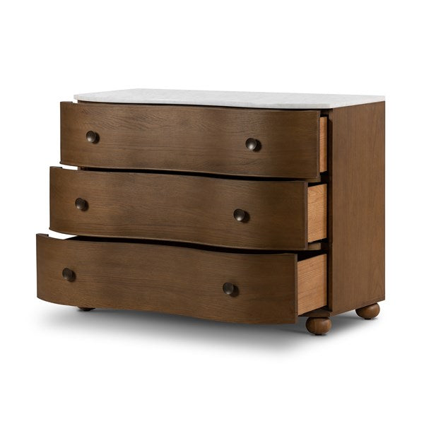 Made from solid oak and finished in a toasted oak, this three-drawer nightstand is inspired by European antiques to bring both style and storage space to the bedroom.Collection: Collins Amethyst Home provides interior design, new home construction design consulting, vintage area rugs, and lighting in the Monterey metro area.
