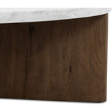 Mixed materials make the table. Thick-cut oak forms a chunky pedestal base for a rounded tabletop of white Italian marble, with beautifully subtle natural veining. Designed in partnership with longtime Four Hands collaborator Thomas Bina and Brazilian designer Ronald Sasson Amethyst Home provides interior design, new home construction design consulting, vintage area rugs, and lighting in the San Diego metro area.
