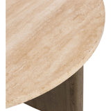 Mixed materials make the table. Thick-cut oak forms a chunky pedestal base for a rounded tabletop of light travertine, with subtle natural veining. Designed in partnership with longtime Four Hands collaborator Thomas Bina and Brazilian designer Ronald Sasson Amethyst Home provides interior design, new home construction design consulting, vintage area rugs, and lighting in the Kansas City metro area.