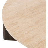 Mixed materials make the table. Thick-cut oak forms a chunky pedestal base for a rounded tabletop of light travertine, with subtle natural veining. Designed in partnership with longtime Four Hands collaborator Thomas Bina and Brazilian designer Ronald Sasson Amethyst Home provides interior design, new home construction design consulting, vintage area rugs, and lighting in the Portland metro area.