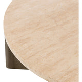 Mixed materials make the table. Thick-cut oak forms a chunky pedestal base for a rounded tabletop of light travertine, with subtle natural veining. Designed in partnership with longtime Four Hands collaborator Thomas Bina and Brazilian designer Ronald Sasson Amethyst Home provides interior design, new home construction design consulting, vintage area rugs, and lighting in the Portland metro area.
