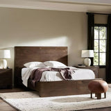 Minimalist and authentically platform, this resawn umber oak bed has a high-rise headboard for an understated modern look. Deep wood grain adds natural character.Collection: Hamilto Amethyst Home provides interior design, new home construction design consulting, vintage area rugs, and lighting in the San Diego metro area.