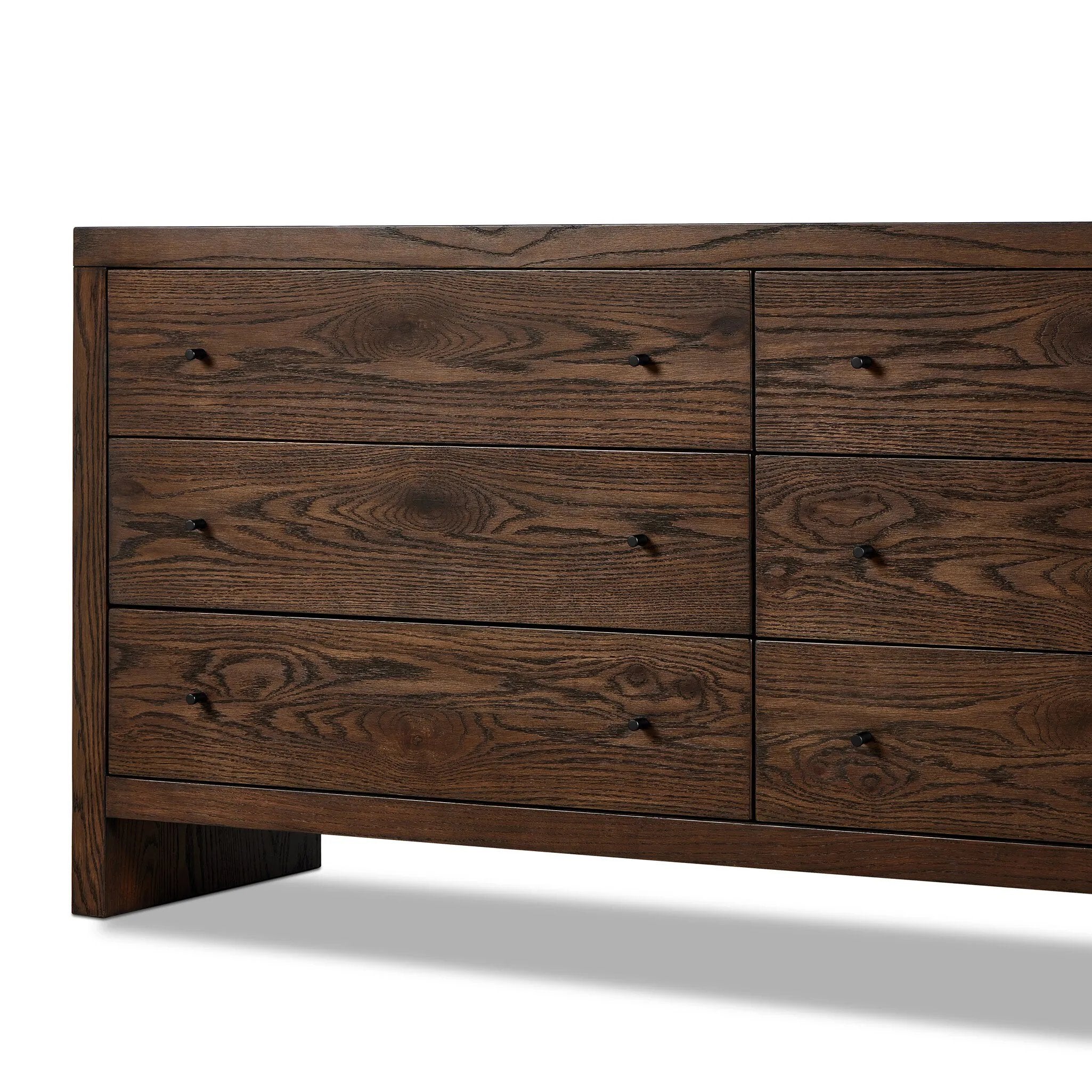 Featuring Torrington Umber Oak 6 Drawer Dresser by Four Hands at Amethyst Home. Straight planks of solid umber oak and veneer encase this spacious dresser for an understated modern look. Deep wood grain adds natural character.
Overall Dimensions: 20.0" L x 75.0 " W x 34.0" H
Collection: HamiltonColors: Umber Oak ,Umber Oak VeneerMaterials: Resawn Oak ,Oak Venee. Amethyst Home provides interior design, new home construction design consulting, vintage area rugs, and lighting in the Miami metro area.