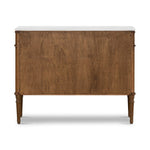 Influenced by vintage European lines, this chest is elegant and full of presence. Framed panels, rounded corners and finished with aged brass drawer pulls and tapered spindle legs for character. Made from solid oak and veneer, finished with a marble top.Collection: Collins Amethyst Home provides interior design, new home construction design consulting, vintage area rugs, and lighting in the Des Moines metro area.