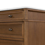 Influenced by vintage European lines, this chest is elegant and full of presence. Framed panels, rounded corners and finished with aged brass drawer pulls and tapered spindle legs for character. Made from solid oak and veneer, finished with a marble top.Collection: Collins Amethyst Home provides interior design, new home construction design consulting, vintage area rugs, and lighting in the Houston metro area.