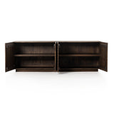 Tussac Matte Brown Neem Media Console is made from dark-finished neem native to India, Africa and other semi-tropical regions, chamfer detailing brings a linear, textured look to a storage-driven media console. Dual rear cutouts for cord management. Amethyst Home provides interior design services, furniture, rugs, and lighting in the Calabasas metro area.