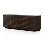 Tussac Matte Brown Neem Media Console is made from dark-finished neem native to India, Africa and other semi-tropical regions, chamfer detailing brings a linear, textured look to a storage-driven media console. Dual rear cutouts for cord management. Amethyst Home provides interior design services, furniture, rugs, and lighting in the Charlotte metro area.
