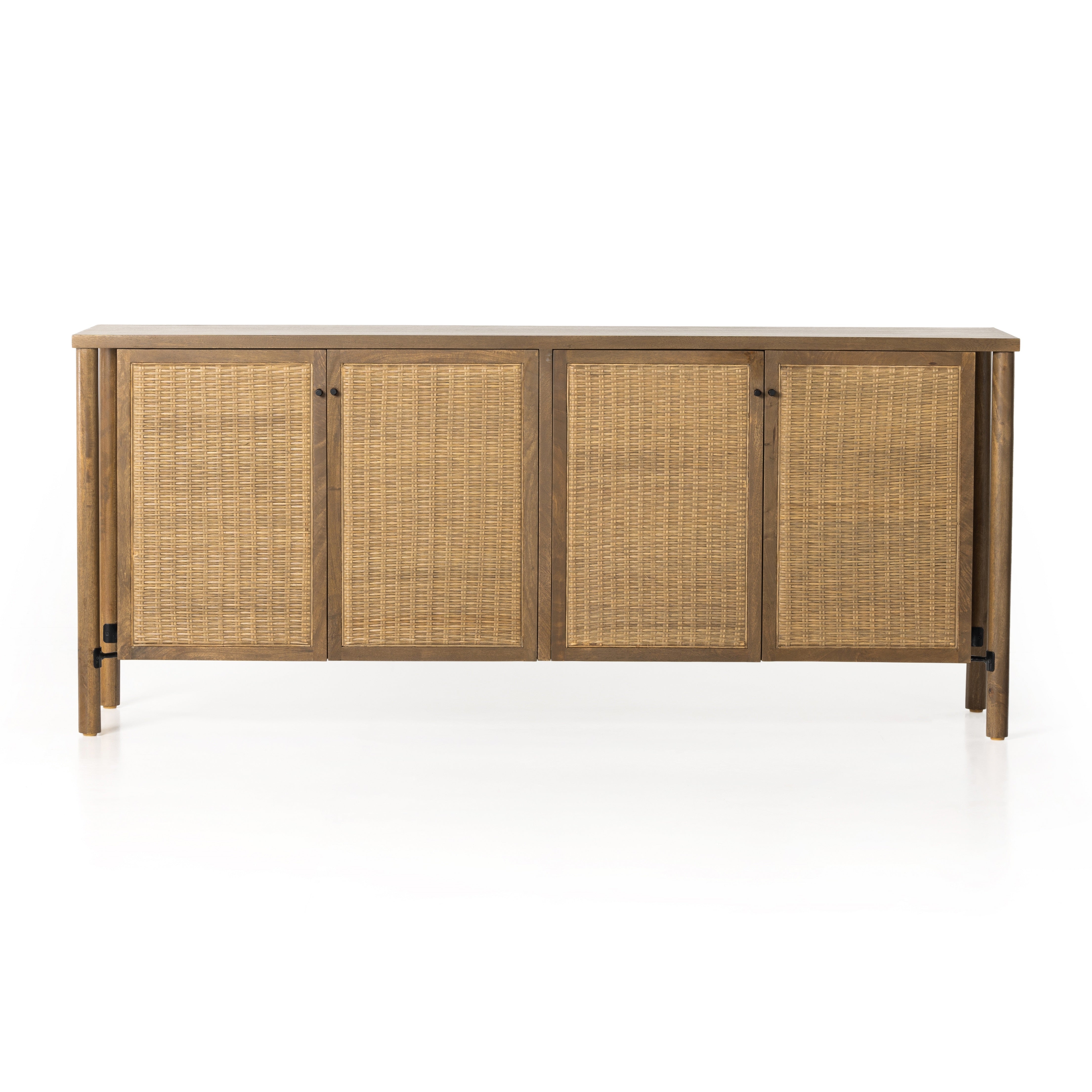 The Veta Taupe Cane Sideboard's modern weave pattern refreshes an ever-trending material. Solid mango encases cane door fronts with a unique taupe finish and textural basket weave. Dowel legs separate from casing for a float-like look. Spacious interior perfect for storing table linens and serveware. Amethyst Home provides interior design services, furniture, rugs, and lighting in the Calabasas metro area. 