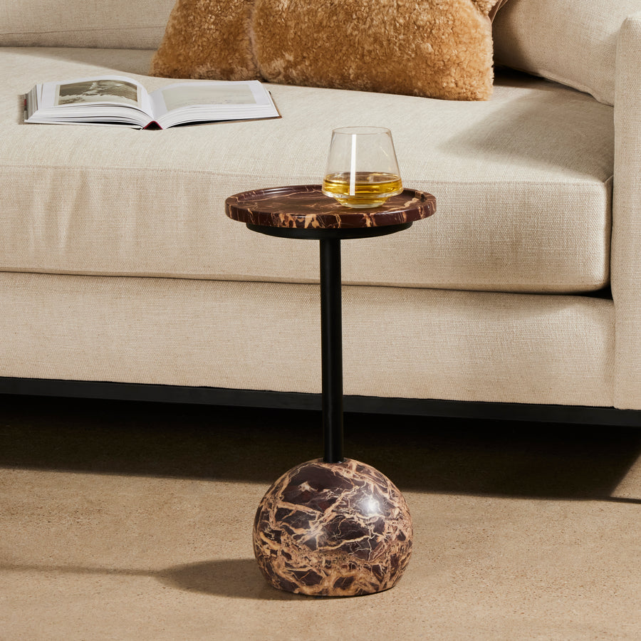 The Viola Merlot Marble Accent Table is a stylish and practical accessory for any living room. The marble tabletop and sturdy steel frame ensures durability, while the contemporary design will make a great addition to any décor. Enjoy the natural beauty of the marble table top as it enhances any space. Amethyst Home provides interior design, new construction, custom furniture, and area rugs in the Des Moines metro area.