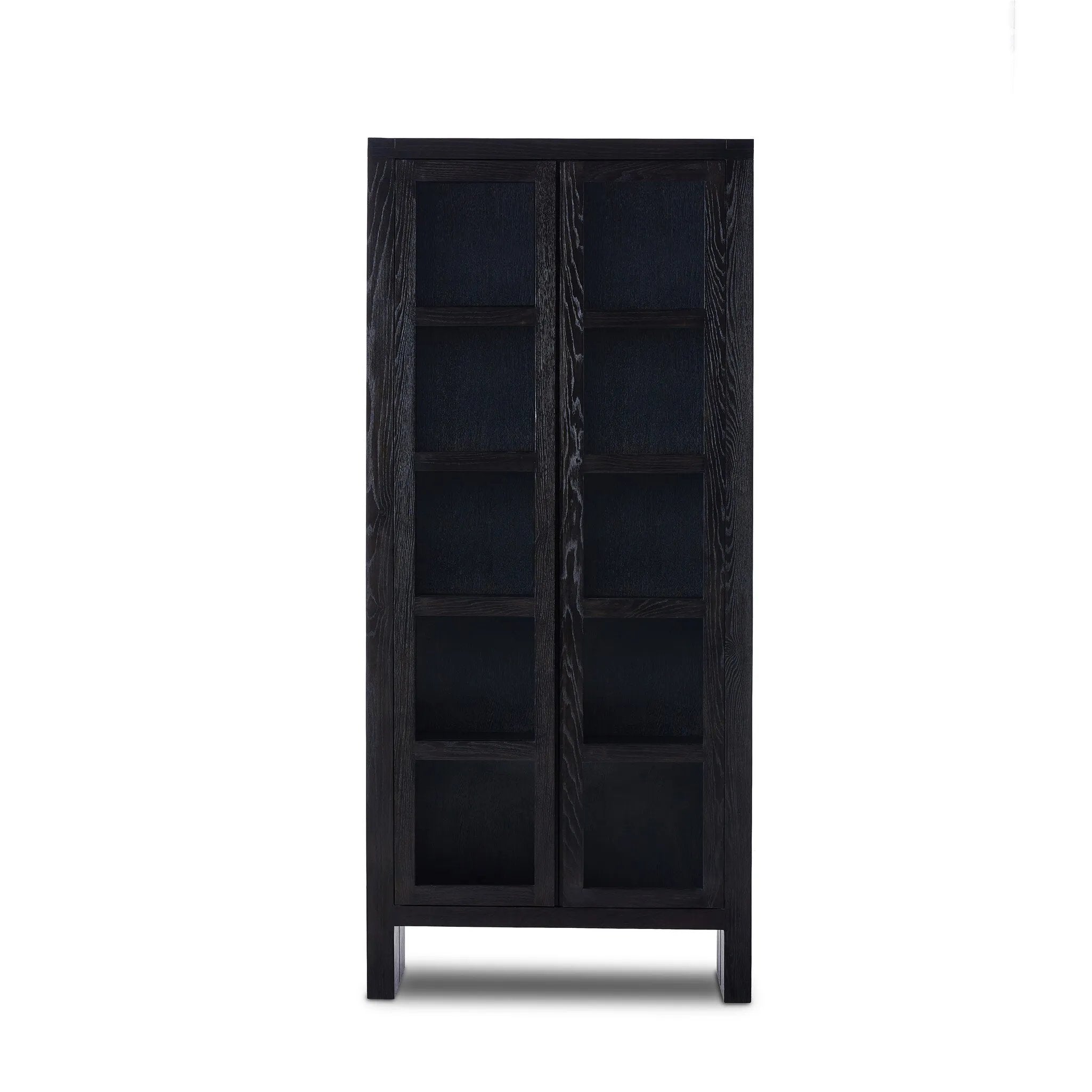 This minimal-inspired bookcase is crafted from a mix of solid oak and worn black veneer. Featuring glass-front doors and spacious shelves for storage and display.Collection: Bennet Amethyst Home provides interior design, new home construction design consulting, vintage area rugs, and lighting in the Charlotte metro area.