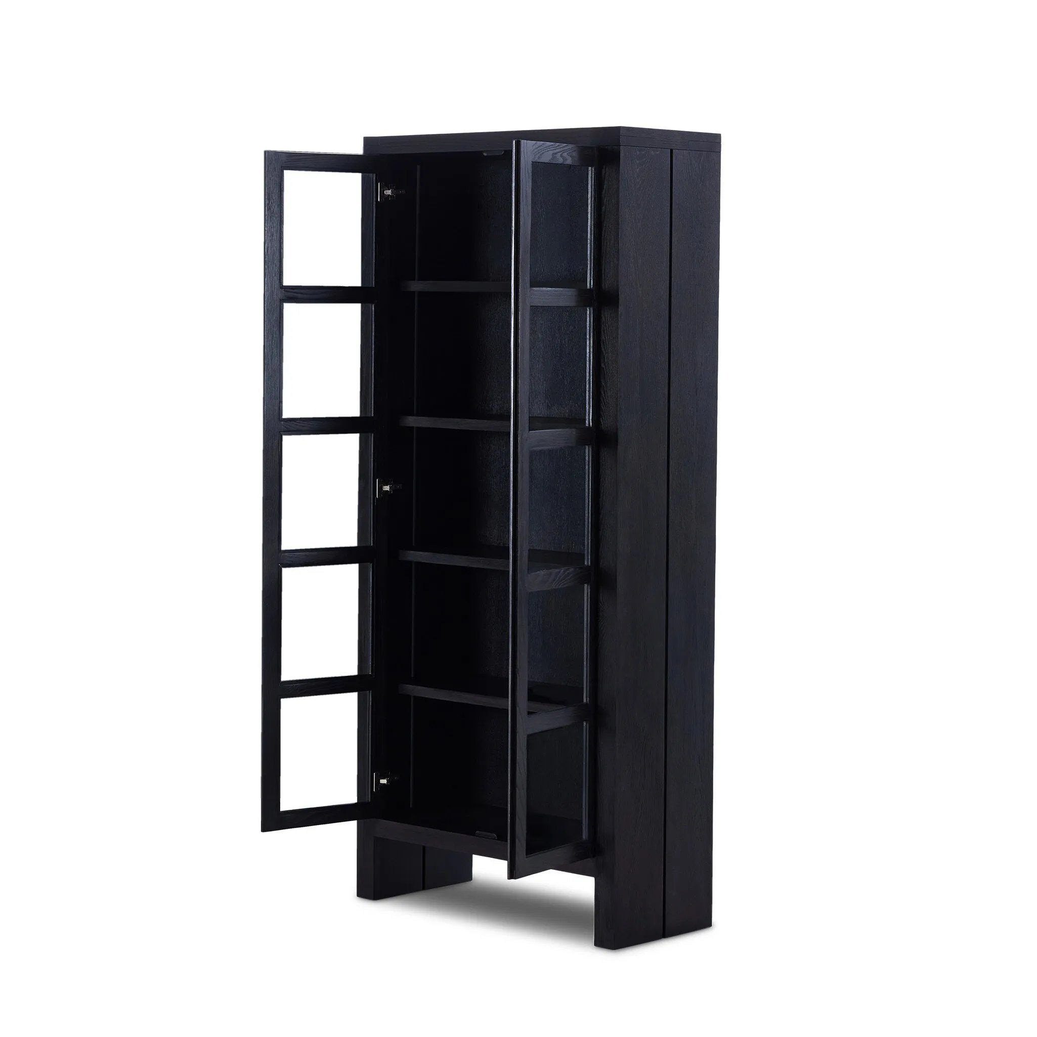 This minimal-inspired bookcase is crafted from a mix of solid oak and worn black veneer. Featuring glass-front doors and spacious shelves for storage and display.Collection: Bennet Amethyst Home provides interior design, new home construction design consulting, vintage area rugs, and lighting in the Park City metro area.