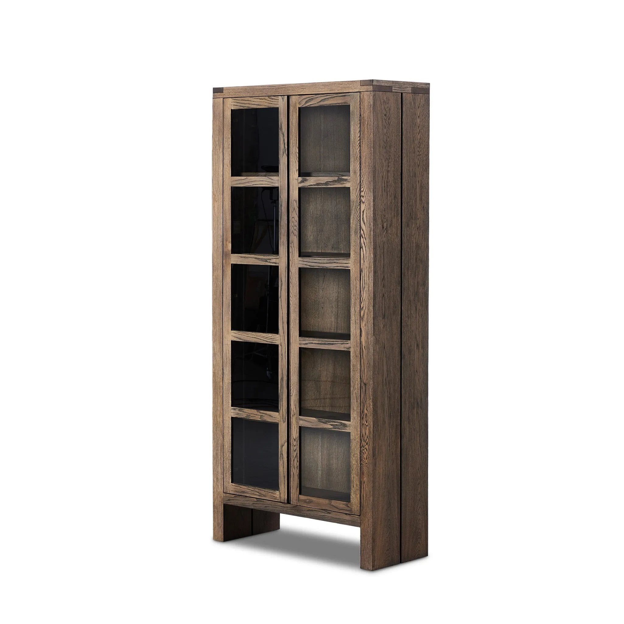 This minimal-inspired bookcase is crafted from a mix of solid oak and worn oak veneer. Featuring glass-front doors and spacious shelves for storage and display.Collection: Bennet Amethyst Home provides interior design, new home construction design consulting, vintage area rugs, and lighting in the Calabasas metro area.