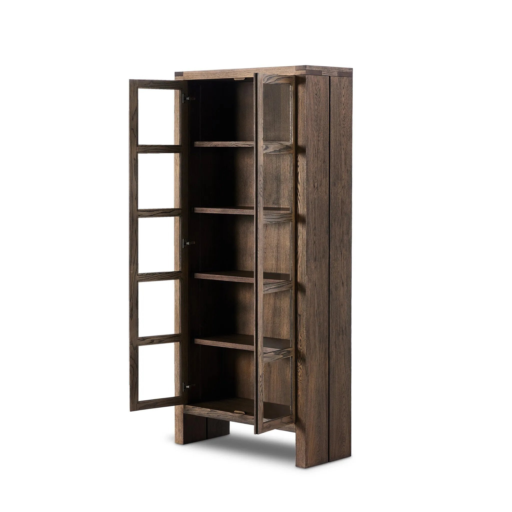 This minimal-inspired bookcase is crafted from a mix of solid oak and worn oak veneer. Featuring glass-front doors and spacious shelves for storage and display.Collection: Bennet Amethyst Home provides interior design, new home construction design consulting, vintage area rugs, and lighting in the Dallas metro area.