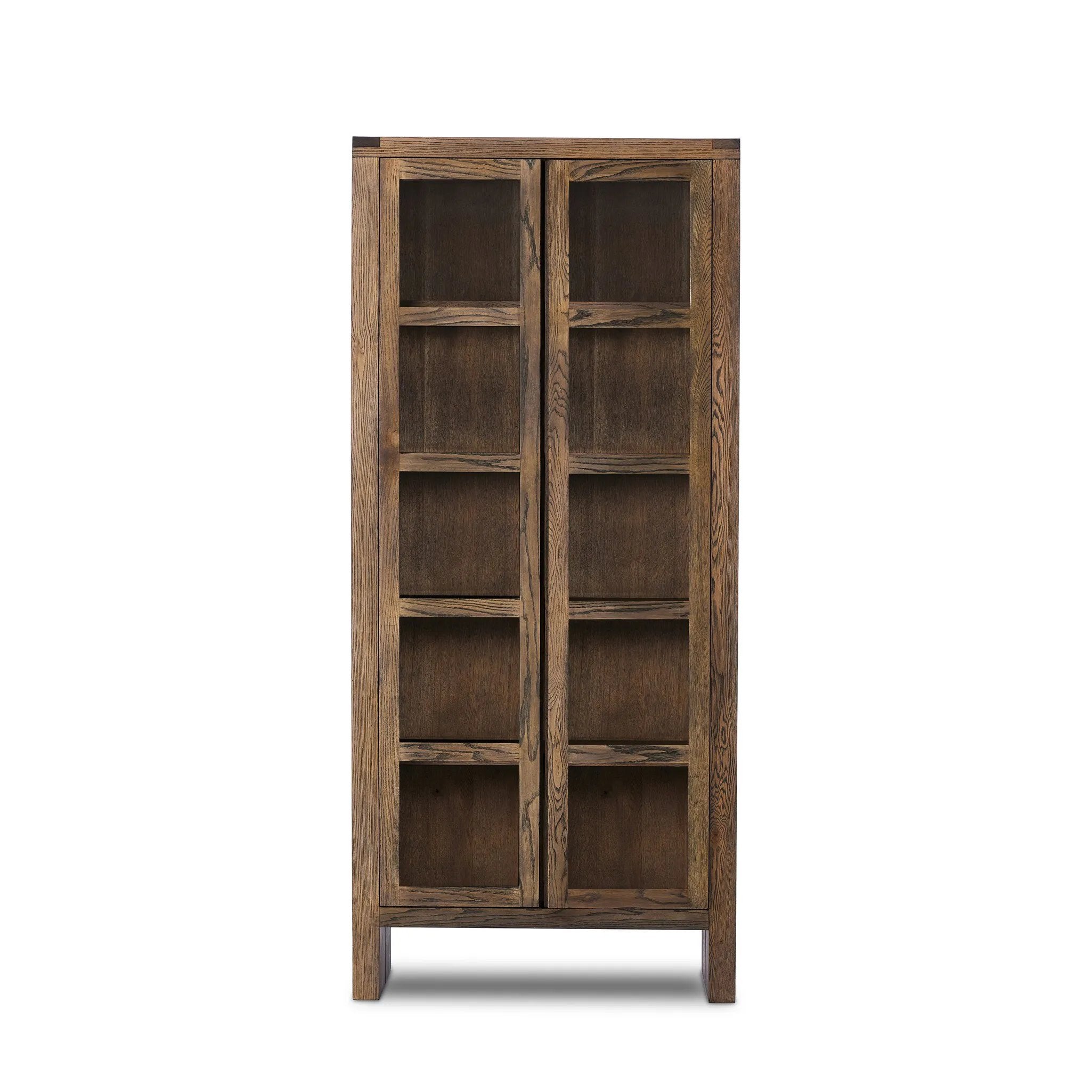 This minimal-inspired bookcase is crafted from a mix of solid oak and worn oak veneer. Featuring glass-front doors and spacious shelves for storage and display.Collection: Bennet Amethyst Home provides interior design, new home construction design consulting, vintage area rugs, and lighting in the Nashville metro area.