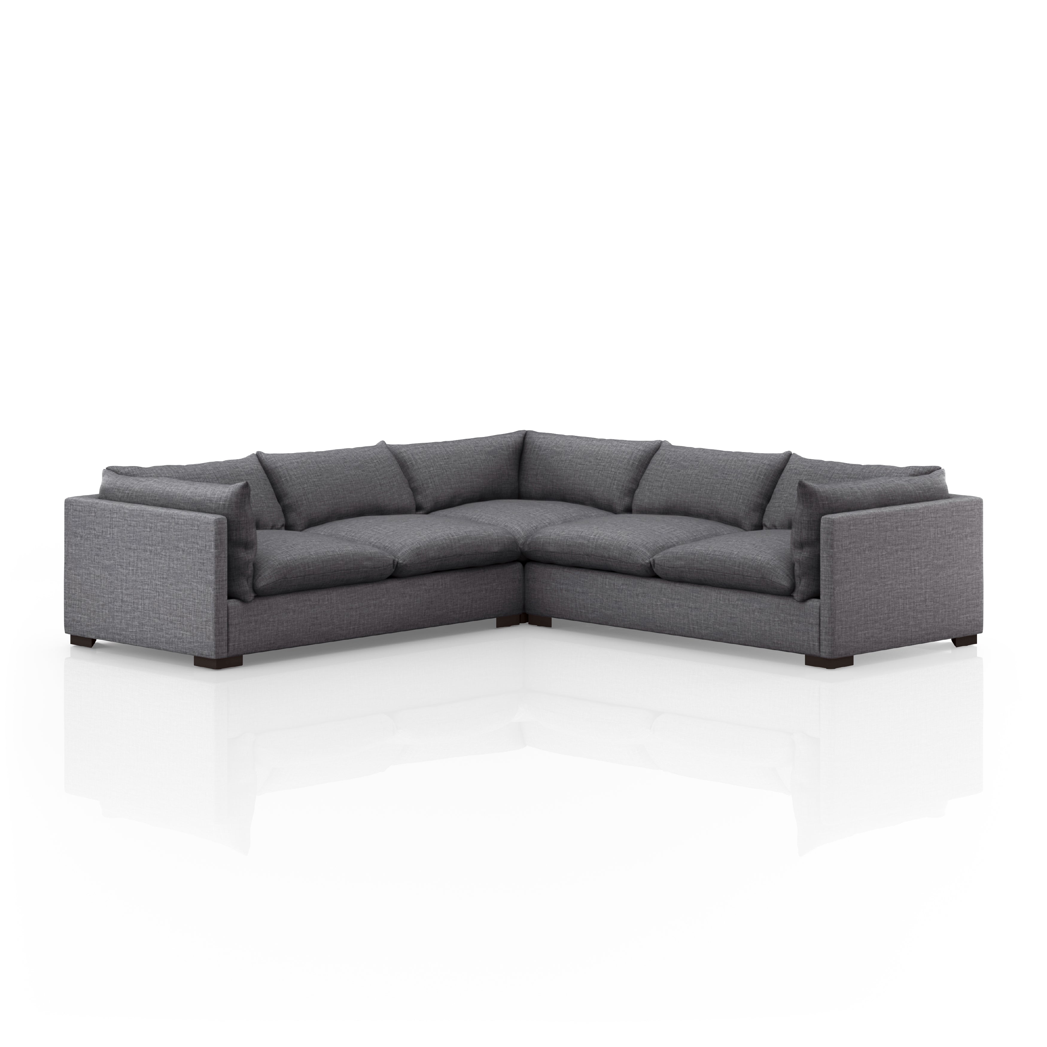 Westwood Bennett Charcoal 3-PC Sectional's clean-lined and simply styled, high-performance fabric places a family-friendly twist on the quintessential sectional. A wooden base keeps things classy while casual. Various configuration options offer flexibility in any size space. Amethyst Home provides interior design services, furniture, rugs, and lighting in the  Miami metro area.