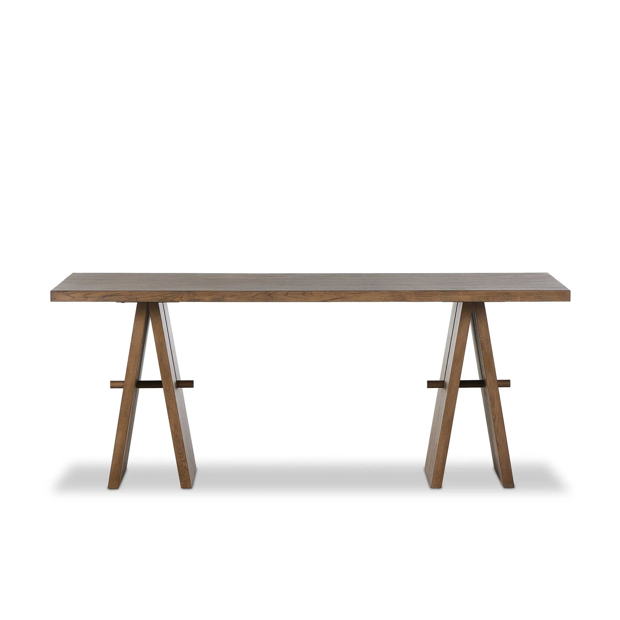 A minimalist frame on this large-scale desk lets the natural character of cracked oak take center stage. Designed with A-frame legs with exposed wood dowel joinery.Collection: Haide Amethyst Home provides interior design, new home construction design consulting, vintage area rugs, and lighting in the Portland metro area.
