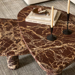Made from solid marble with visible natural veining, turned pillar-style legs complement organically shaped tabletops, perfectly sized for nesting. Option to buy tables individually or together as a two-piece set. Amethyst Home provides interior design, new construction, custom furniture, and area rugs in the Austin metro area.