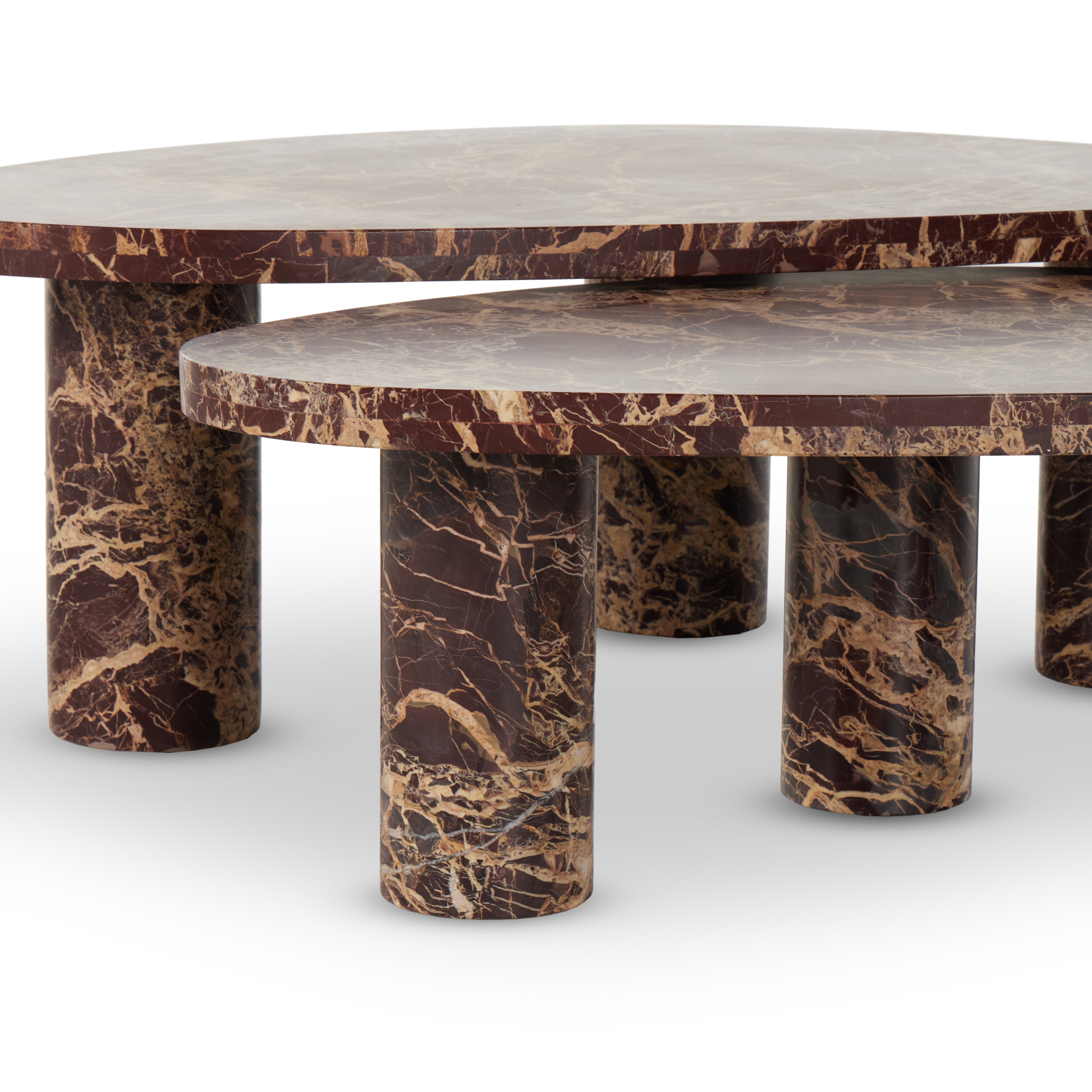 Made from solid marble with visible natural veining, turned pillar-style legs complement organically shaped tabletops, perfectly sized for nesting. Option to buy tables individually or together as a two-piece set. Amethyst Home provides interior design, new construction, custom furniture, and area rugs in the Miami metro area.