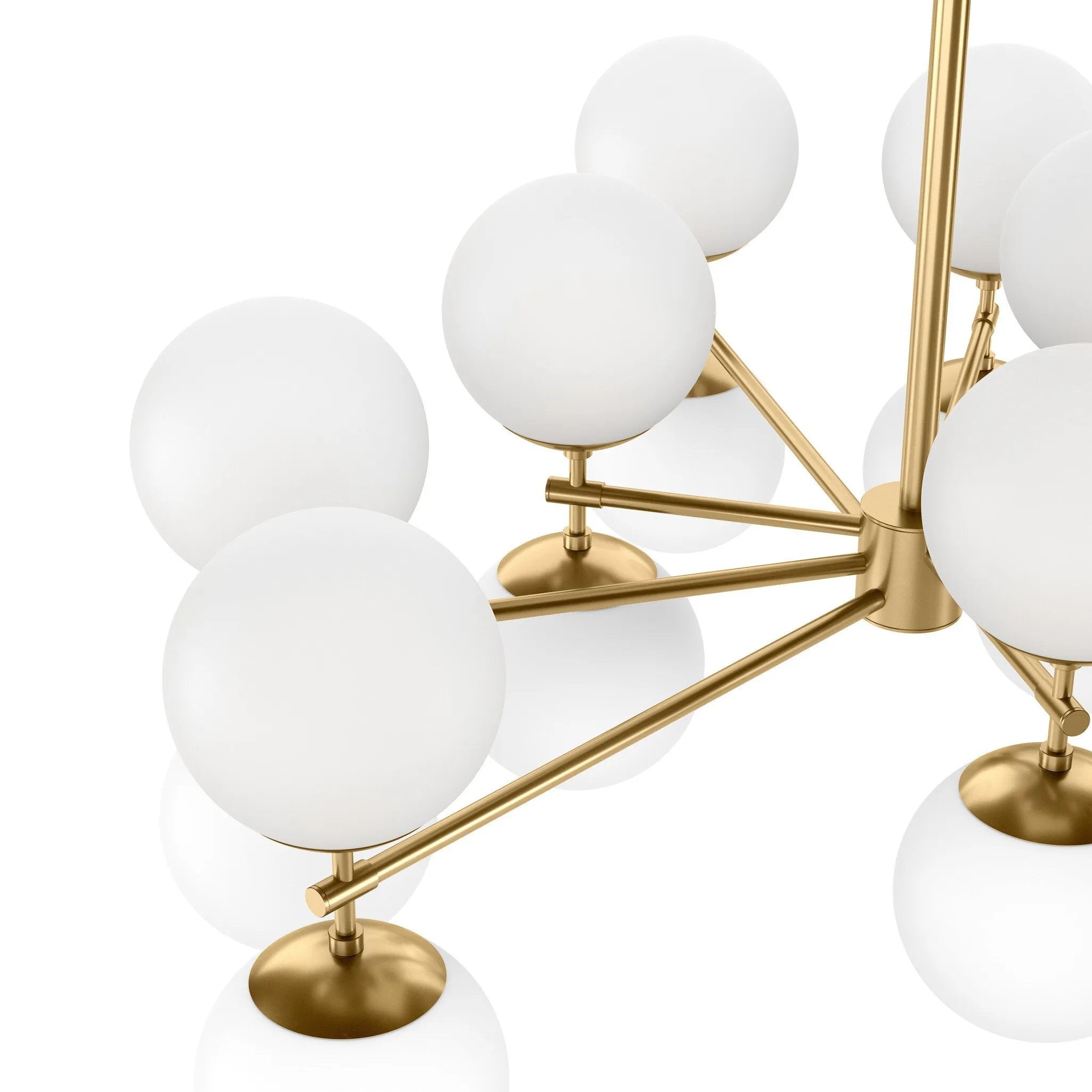 Matte glass spheres seem to extend and reach across smooth brass rods. Each globe is individually blown, shaped and sculpted by hand through a one-hour process. Matte glass is specially manufactured to evenly diffuse light. Brass and glass are 98% recyclable. Designed and sustainably crafted in Poland by Schwung.Overall Dimensions51.75"w x 51. Amethyst Home provides interior design, new home construction design consulting, vintage area rugs, and lighting in the Alpharetta metro area.