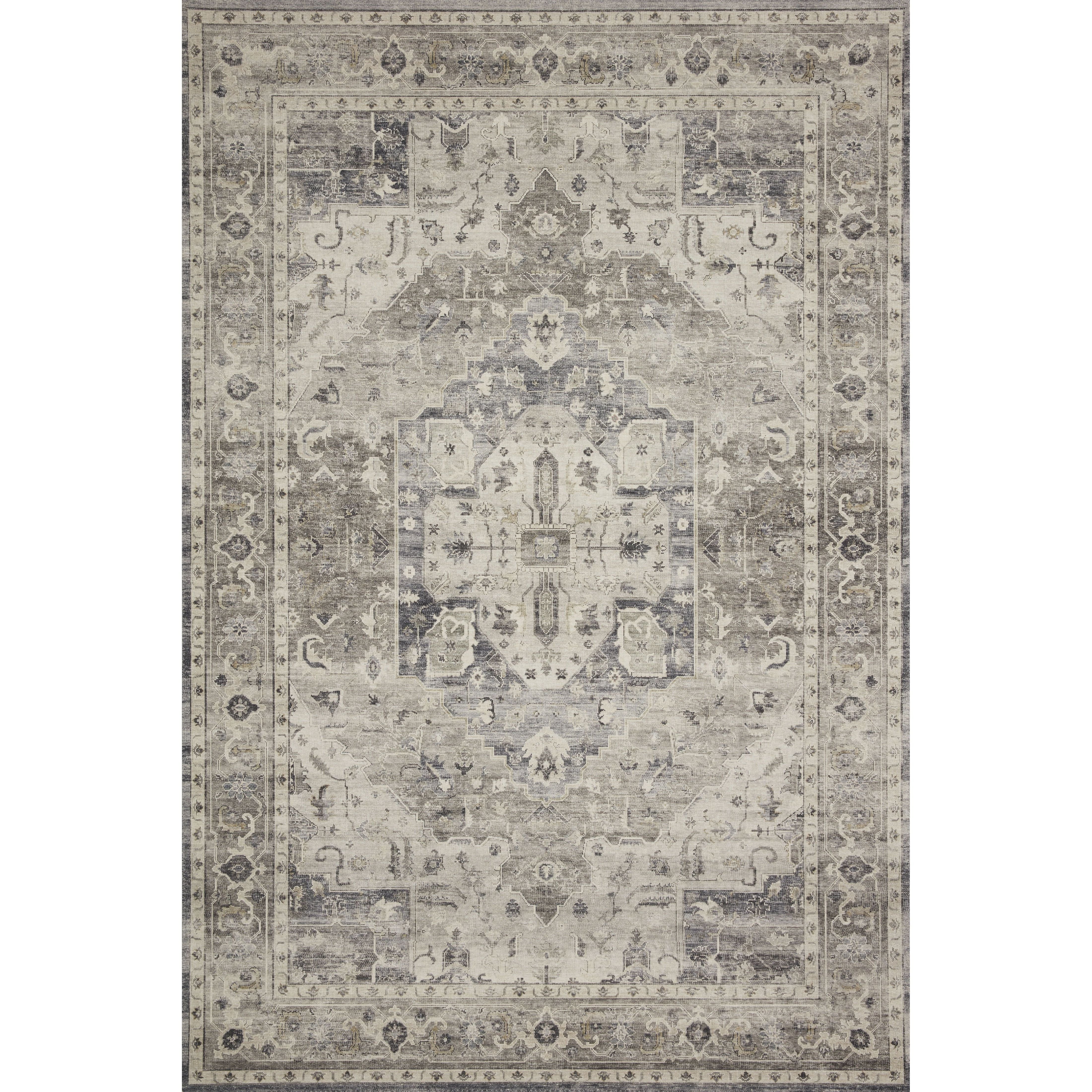 Featuring soft motifs in a carefully curated color palate of grey, black, ivory and hints of blue, the Hathaway Steel / Ivory area rug captures the essence of one-of-a-kind vintage or antique area rug. This rug is ideal for high traffic areas such as living rooms, dining rooms, kitchens, hallways, and entryways.