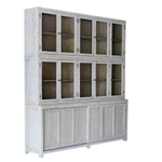 This Haley Cabinet has ample storage, with glass door panels opening to shelves and a bottom sliding door that opens to more shelves. Made from reclaimed pine with a white wash grey sealed finish, this brings an antique feel to any room. Reclaimed Pine White Wash Grey Sealed Finish Flat Glass Door Panels