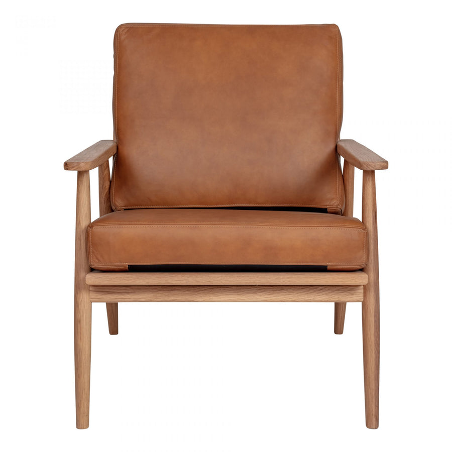 We love the contemporary look of this Harper Tan Leather Lounge Chair. The camel top grain leather elevates any living room, office, or lounge area.   Size:  26"W x 30.5"D x 28.5"H Seat Height: 18" Back Height: 19"  Materials: Upholstery - Top Grain Leather, Solid Oak,