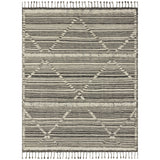 Iman Ivory/Charcoal Rug - Amethyst Home A new take on Moroccan style rugs, the Iman Collection is hand-knotted of 100% wool pile by skilled artisans in India. The surface features linear and braided details, creating tonal variations that make each piece unique. Plus, each design is finished with playful fringe.