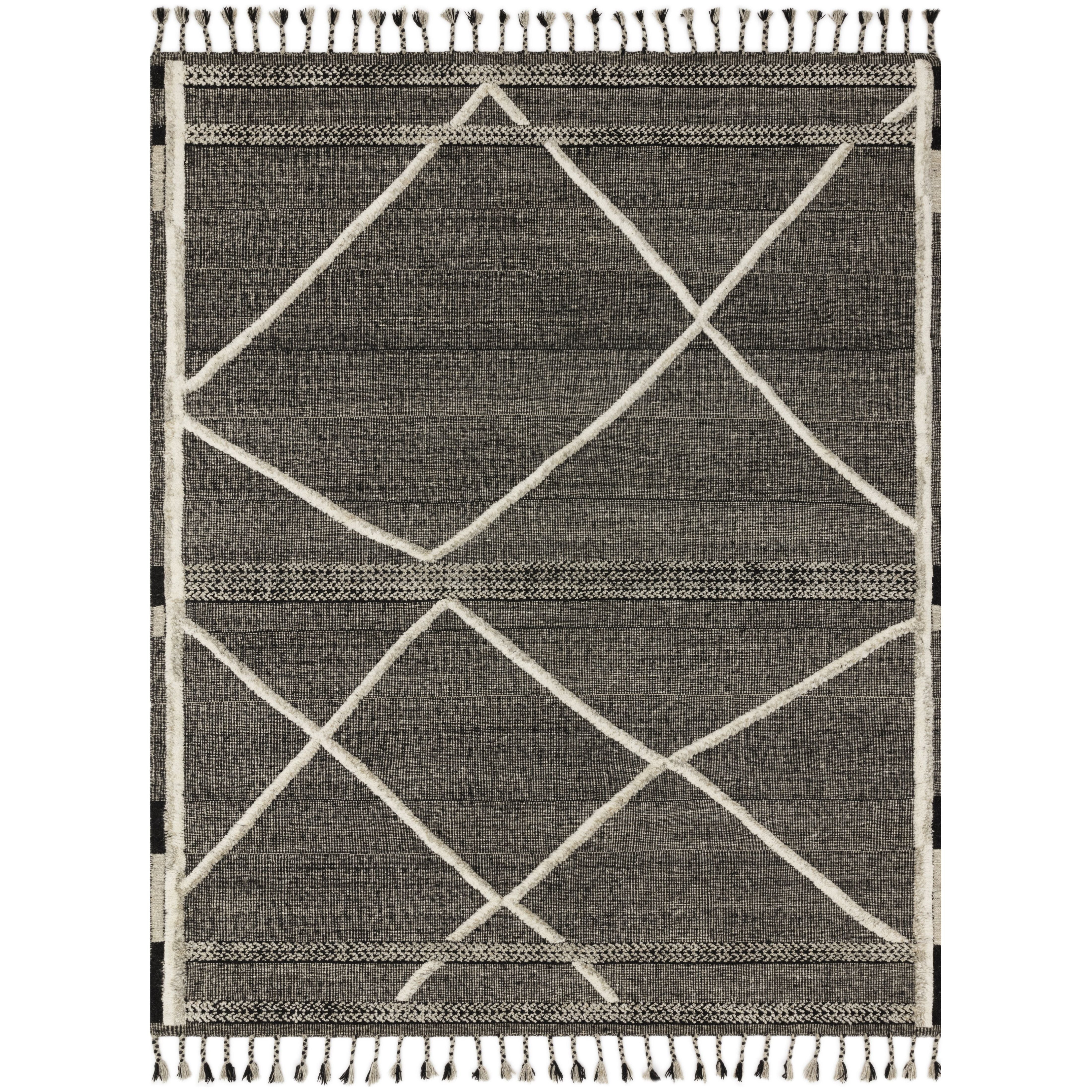 Iman Beige/Charcoal Rug - Amethyst Home A new take on Moroccan style rugs, the Iman Collection is hand-knotted of 100% wool pile by skilled artisans in India. The surface features linear and braided details, creating tonal variations that make each piece unique. Plus, each design is finished with playful fringe.