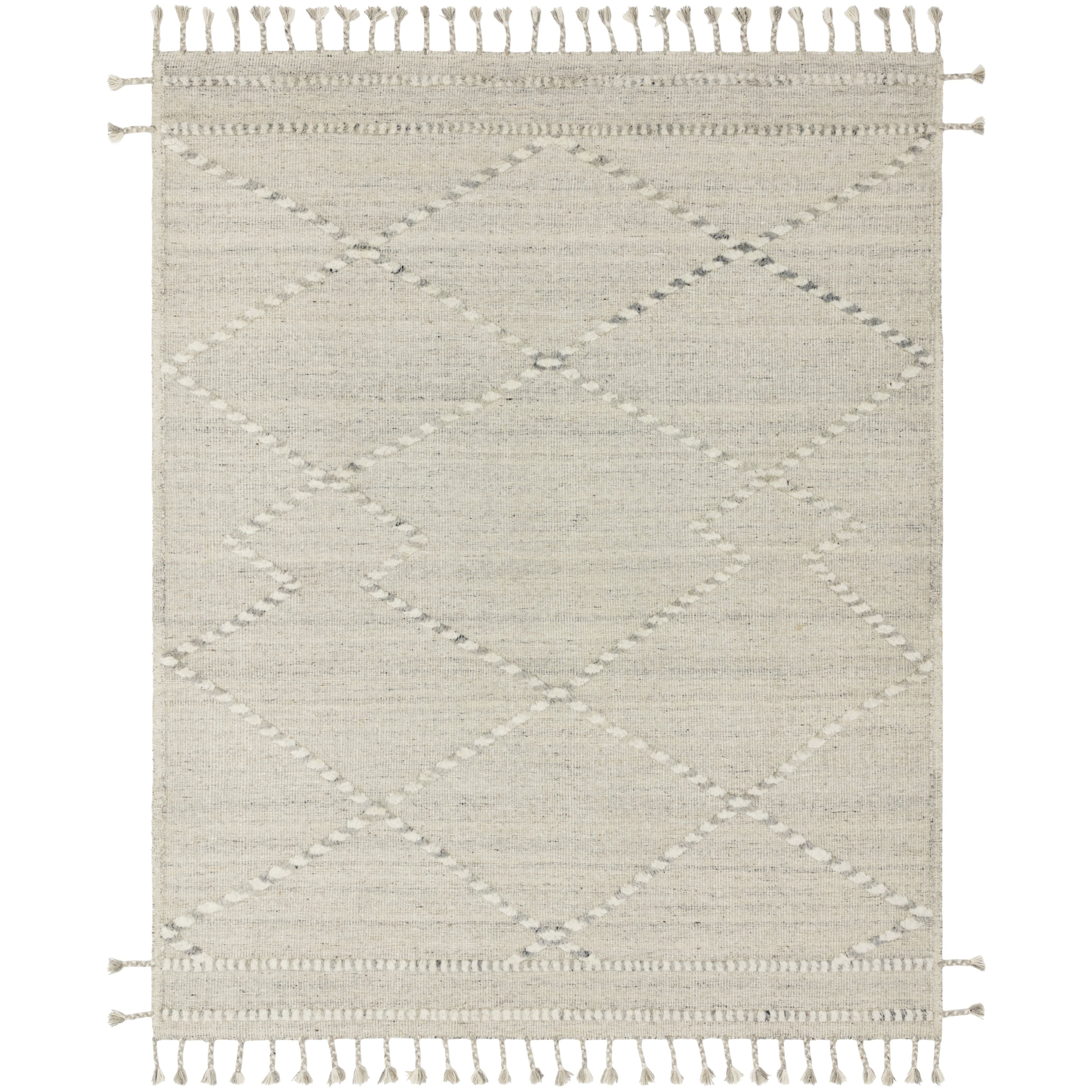 Iman Ivory/Light Grey Rug - Amethyst Home A new take on Moroccan style rugs, the Iman Collection is hand-knotted of 100% wool pile by skilled artisans in India. The surface features linear and braided details, creating tonal variations that make each piece unique. Plus, each design is finished with playful fringe.