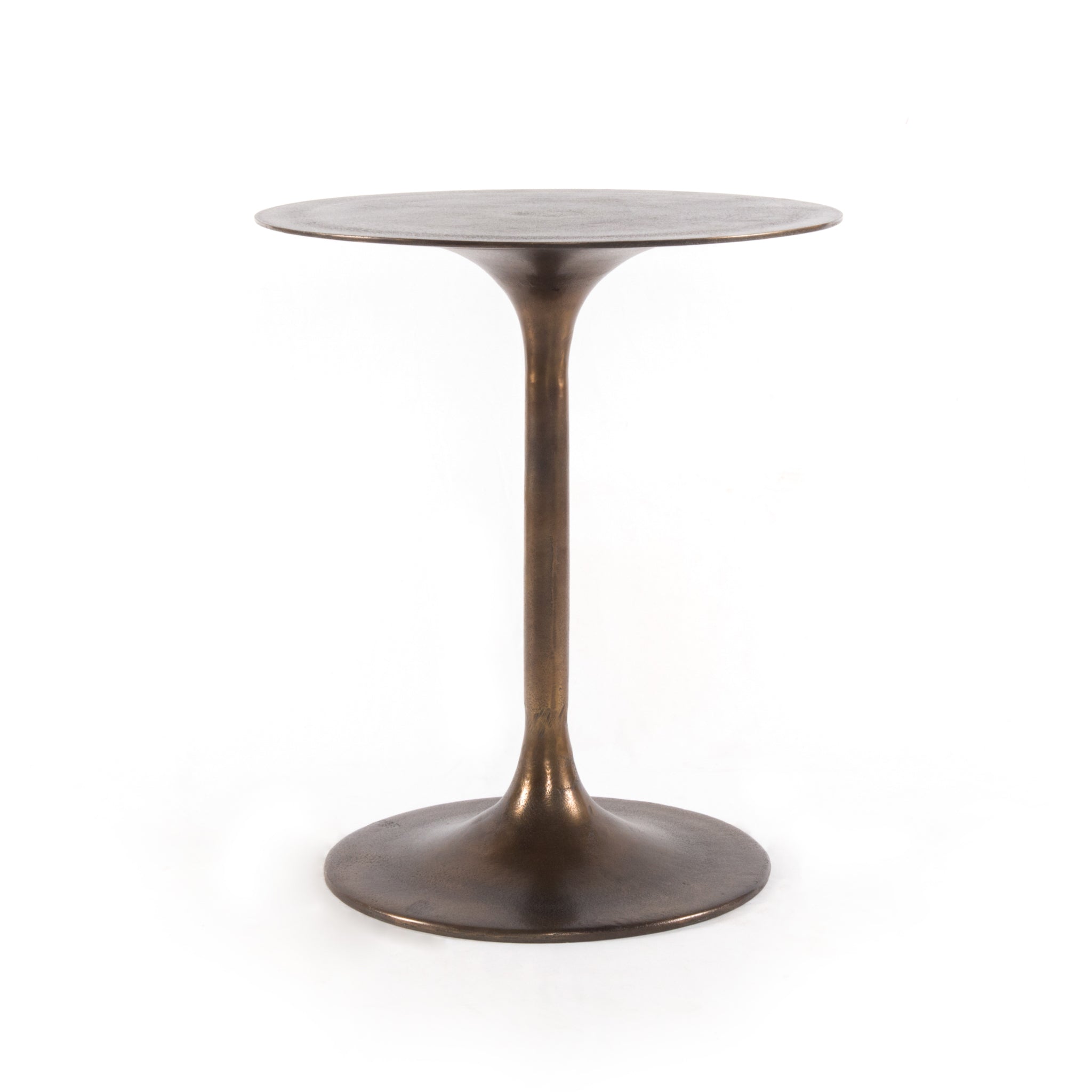 Classic tulip shaping in textural cast-aluminum makes for a modern side table. Finished in antique rust to bring out alluring highs and lows. Great indoors or out — cover or store indoors during inclement weather and when not in use.  Overall Size: 20.00"w x 20.00"d x 23.50"h