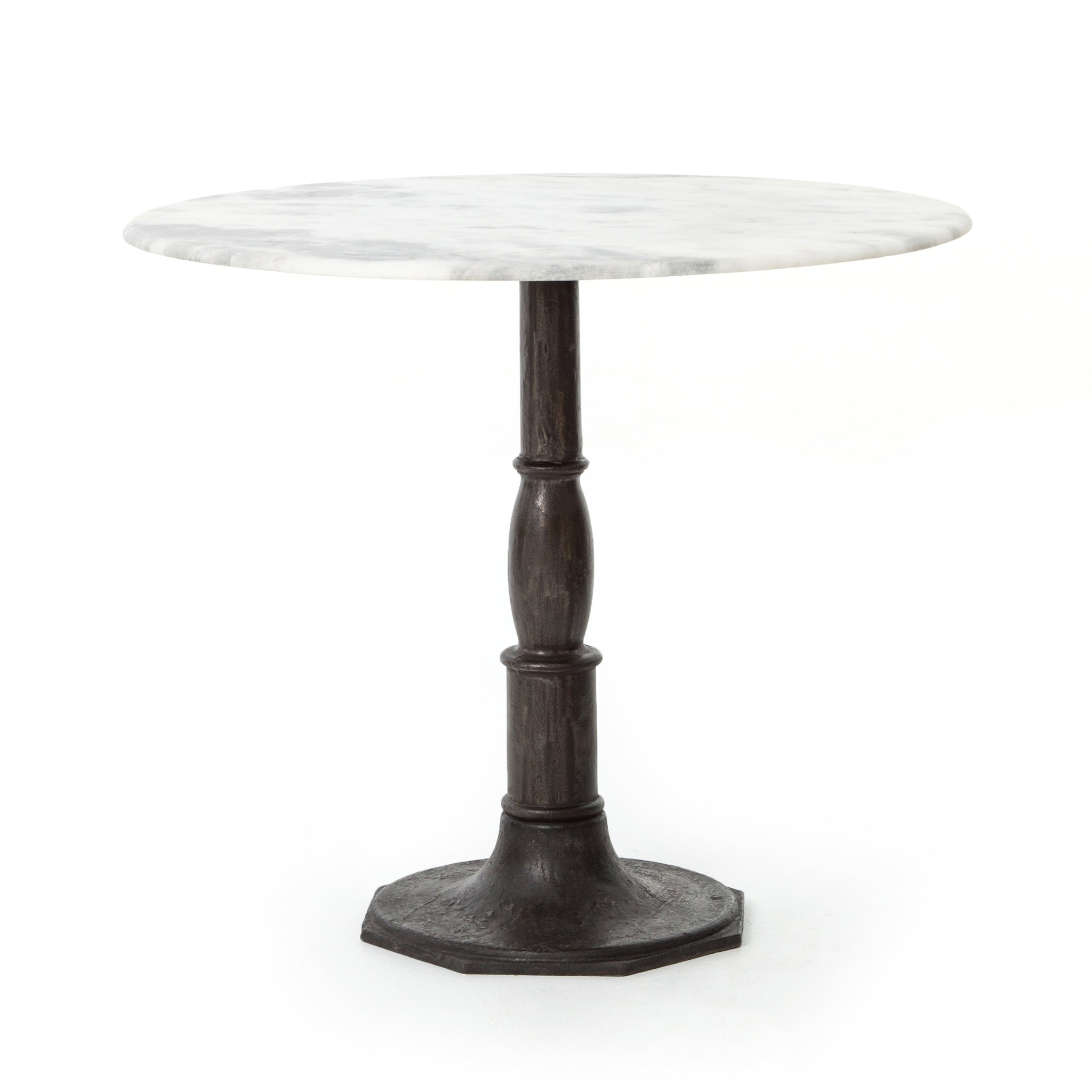 French-industrial meets bistro table. Detailed, 8-sided cast iron pedestal supports a dramatic white marble top with bull-nosed edge.  Overall Size: 36.00"w x 36.00"d x 31.00"h