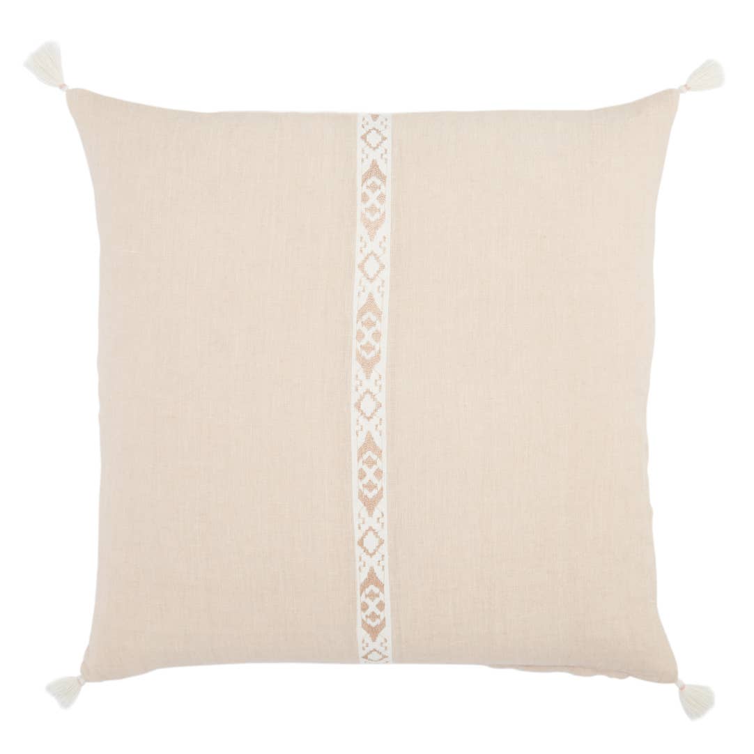 The Joya Pillow has cute tassels found on all four corners with a cute, detail stripe found in the middle. Place on your bed or sofa, this rose dust colored pillow will bring the whole room some texture and pop of color. Insert is made with 100% down.   Size: 22" x 22"  100% Linen Zipper Closure India  Professional Cleaning Recommended