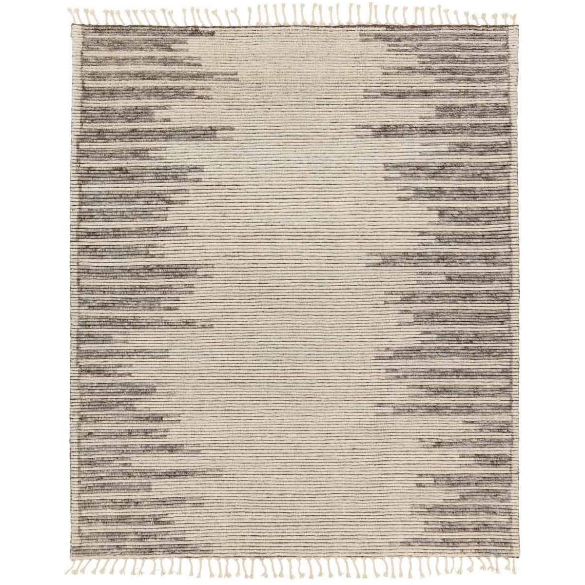 Inspired by textiles from the Tullu region in Morocco, the Patra area rug showcases a linear design in neutral shades of cream, taupe, brown, and gray. This high-piled accent lends warmth and comfort to any space with durable wool hand-knotted onto a cotton foundation. Braided fringe trims the edges for a touch of boho charm. Amethyst Home provides interior design, new home construction design consulting, vintage area rugs, and lighting in the Washington metro area.