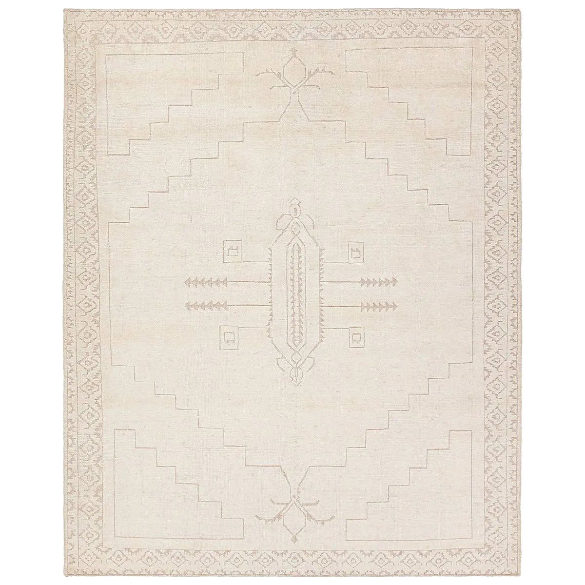 Hand carded wool, soft Tencel, and a neutral color palette define the handknotted Ashend Imbar. The Imbar rug showcases a Moroccan-inspired center medallion in a neutral, cream, taupe, and beige colorway. Geometric detailing via high and low pile establishes a thin border and provides a nod to the tribal styles of northern Africa. Amethyst Home provides interior design, new home construction design consulting, vintage area rugs, and lighting in the Houston metro area.