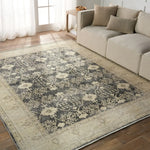 Featuring Boheme Pia Rug by Jaipur Living at Amethyst Home. The Boheme Pia Rug brings vintage inspiration to life with ornate, worldly designs and a timeless distress effect. The Pia area rug boasts a Persian-inspired center medallion, short fringe and detail-rich border in a navy, cream, gray, and pastel green colorway. This zero-pile rug is printed on cotton, polyester, and soft chenille. Amethyst Home provides interior design services, furniture, rugs, and lighting in the Des Moines metro area.