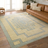 The hand-knotted Cyprus collection showcases a modern representation of vintage Kars designs with clean-lined geometric details and fresh colorways. The blue, cream, gray, and caramel colored Nicosia design delights with a minimalistic medallion pattern and multiple borders. Low pile and naturally stain resistant fibers allow for easy care and cleanup. Amethyst Home provides interior design, new construction, custom furniture, and area rugs in the Scottsdale metro area.