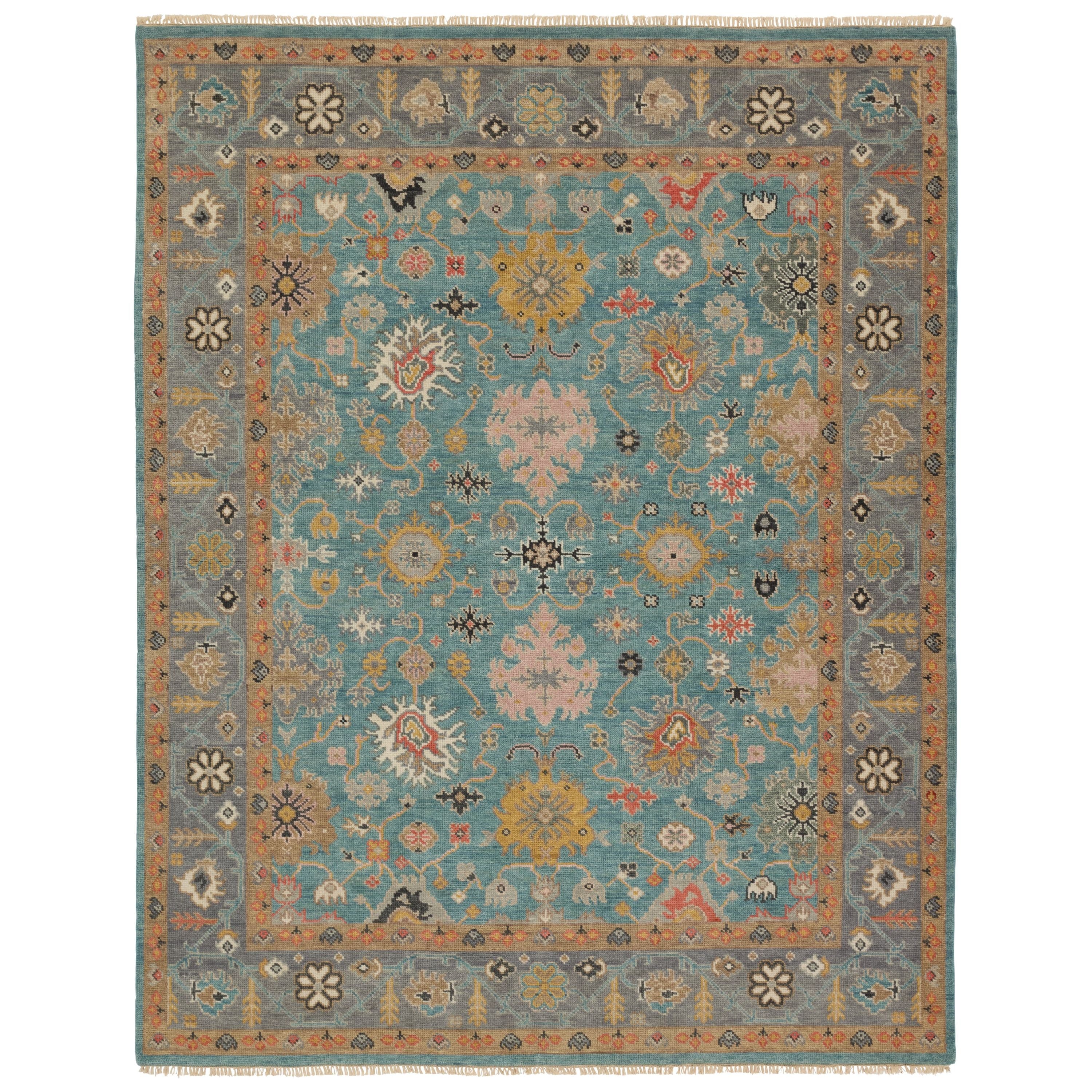 The updated traditional Everly collection features Oushak-inspired designs in whimsical color palettes. The Aloft design features a lively colorway of blue, pink, yellow, navy, cream, peach, and taupe. This hand-knotted wool rug anchors living spaces with a fresh take on vintage style. The low, easy-care pile delights in both high and low traffic areas of the home.  Amethyst Home provides interior design, new construction, custom furniture, and area rugs in the Charlotte metro area.
