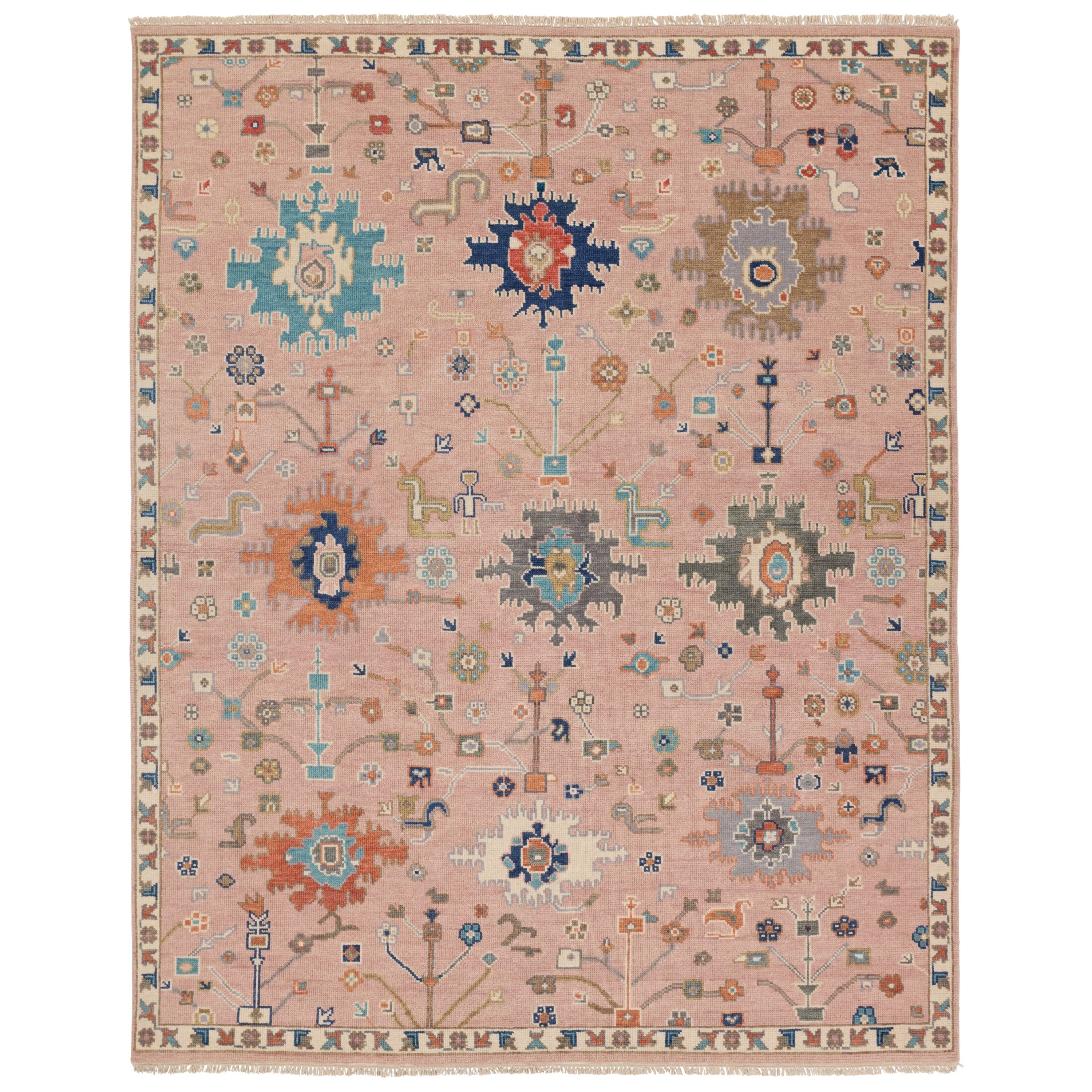 The updated traditional Everly collection features Oushak-inspired designs in whimsical color palettes. The Matera design features a sweet colorway of pink, yellow, navy, cream, peach, and taupe. This hand-knotted wool rug anchors living spaces with a fresh take on vintage style. The low, easy-care pile delights in both high and low traffic areas of the home.  Amethyst Home provides interior design, new construction, custom furniture, and area rugs in the Los Angeles metro area.