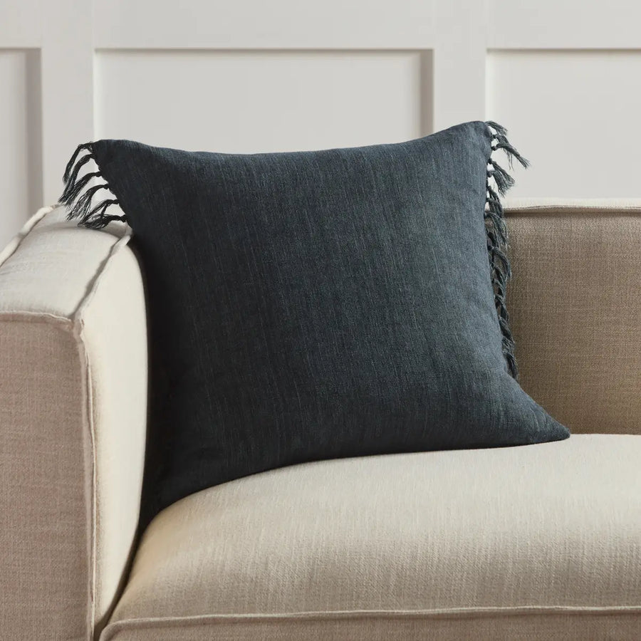 The Jemina Dark Slate Pillow boasts an assortment of relaxed linen designs with rustic-style knotted tassels lining the sides. The comfortable Majere throw pillow delights with a bold navy hue and subtle bohemian vibe that perfectly accents sofas, chairs, and beds alike.  Amethyst Home provides interior design services, furniture, rugs, and lighting in the Des Moines metro area.