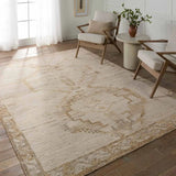 Featuring Jinsen Alamo Rug by Jaipur Living at Amethyst Home. The hand-knotted Jinsen collection features a fresh incarnation of the vintage Turkish textile look. Classic in pattern and modern in color, the Alamo rug boasts a beautiful palette of cream, beige, gold, and brown, featuring distinct dye-lot details and subtle fringe. This artisan-crafted medall. Amethyst Home provides interior design, new home construction design consulting, vintage area rugs, and lighting in the Nashville metro area.