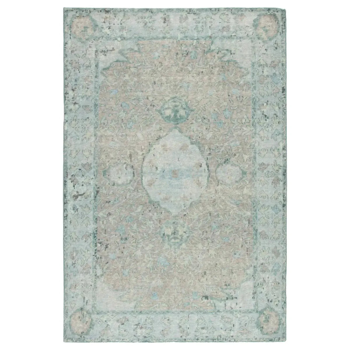 Exceptionally made and artfully designed, this hand-knotted area rug infuses contemporary homes with vintage allure. An on-trend colorway of vibrant aqua, beige, and dark gray lends a fresh update to the floral and medallion design, while a patina-rich antiqued effect creates a timeless look. Amethyst Home provides interior design services, furniture, rugs, and lighting in the Kansas City metro area.