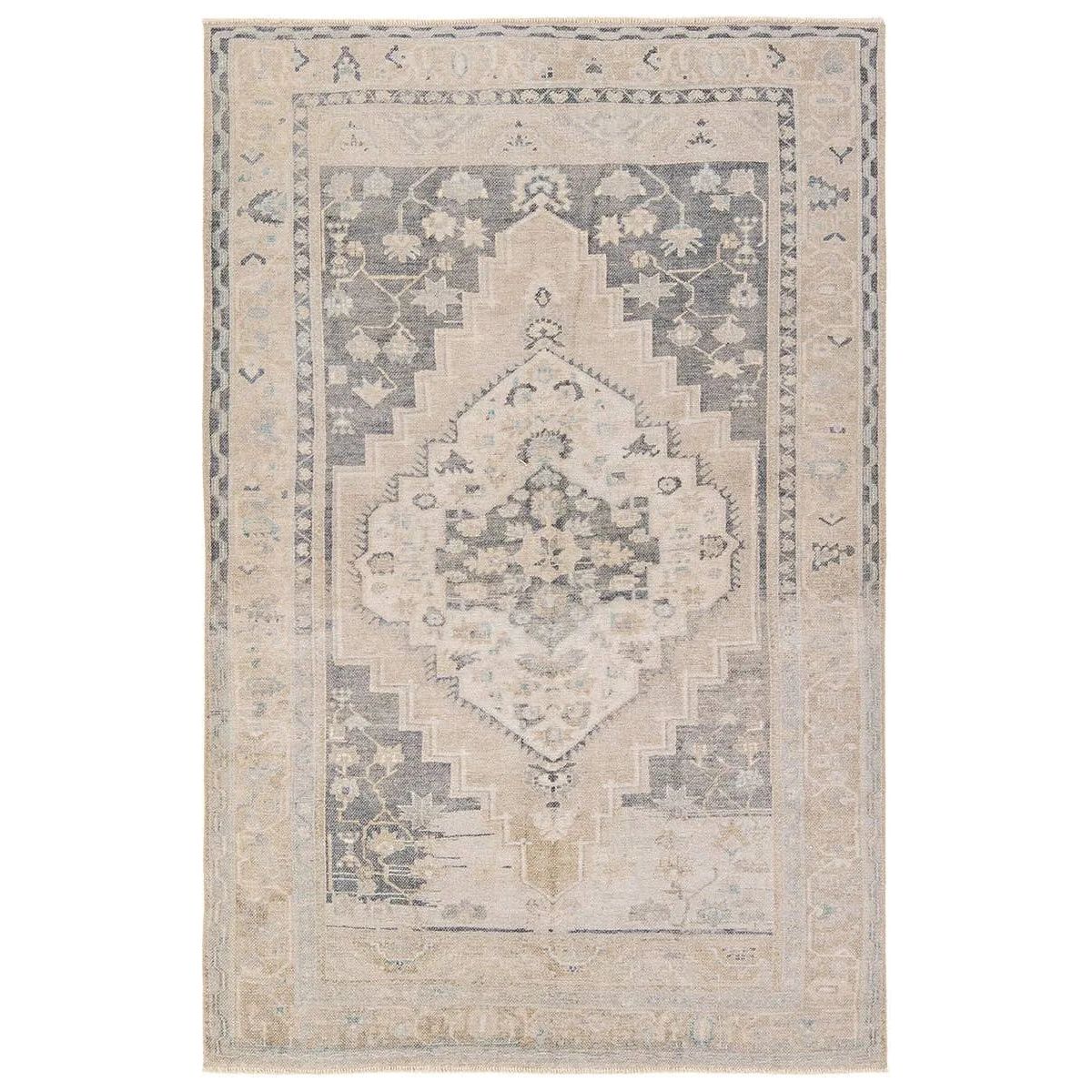 Distressed, vintage designs offer an elevated tone for the Lumal Collection. The Pasin rug features an updated traditional inspired medallion and multiple floral borders in tones of navy, light green, cream, gray, and tan. This machine washable rug is stain resistant and easy to clean, perfect for homes with children and pets. Amethyst Home provides interior design, new home construction design consulting, vintage area rugs, and lighting in the Houston metro area.
