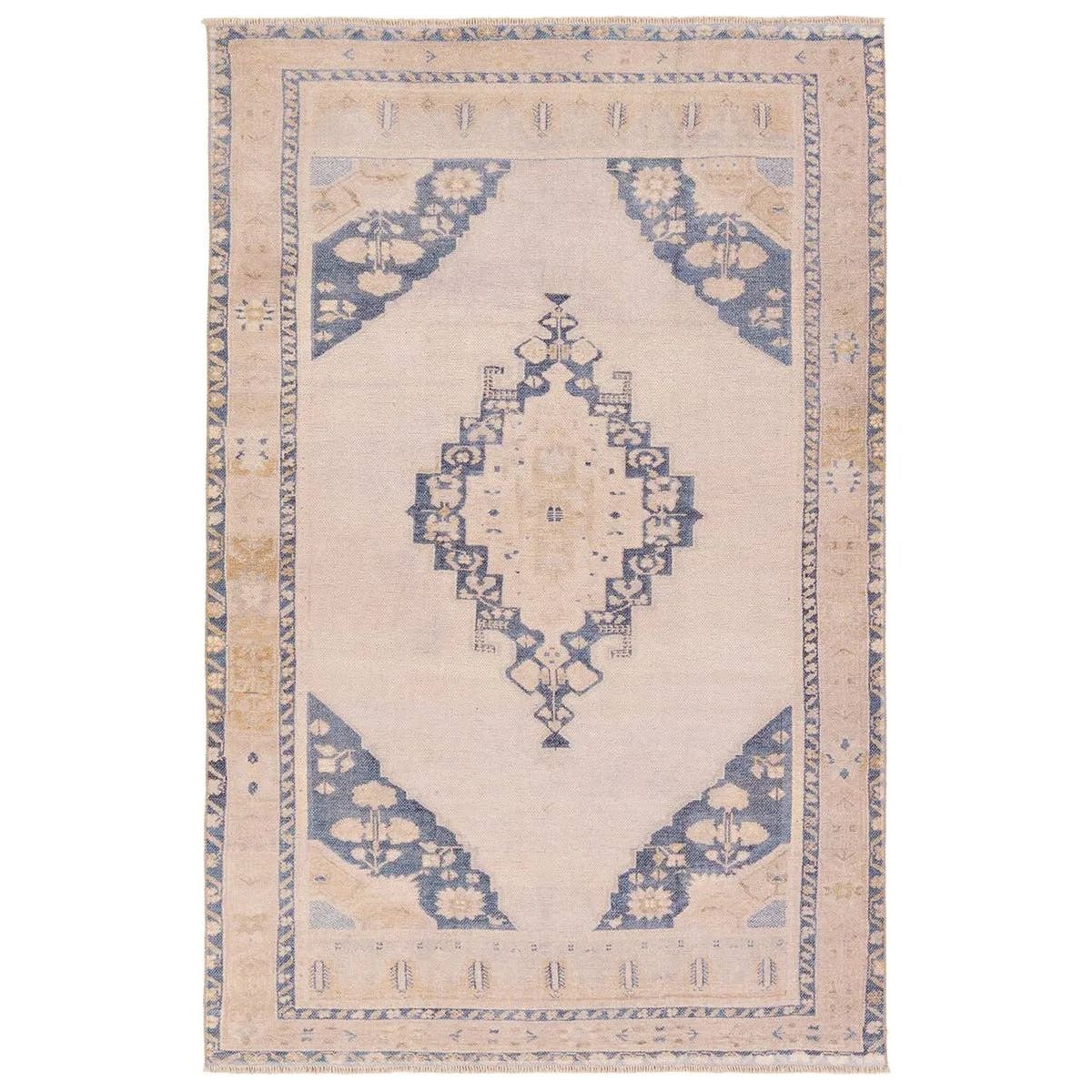 Distressed, vintage designs offer an elevated tone for the Lumal Collection. The Debolo rug features a vintage-inspired medallion, geometric border, and floral detailing in tones of tan, blue, yellow, and gray. This machine washable rug is stain resistant and easy to clean, perfect for homes with children and pets. Amethyst Home provides interior design, new home construction design consulting, vintage area rugs, and lighting in the Alpharetta metro area.