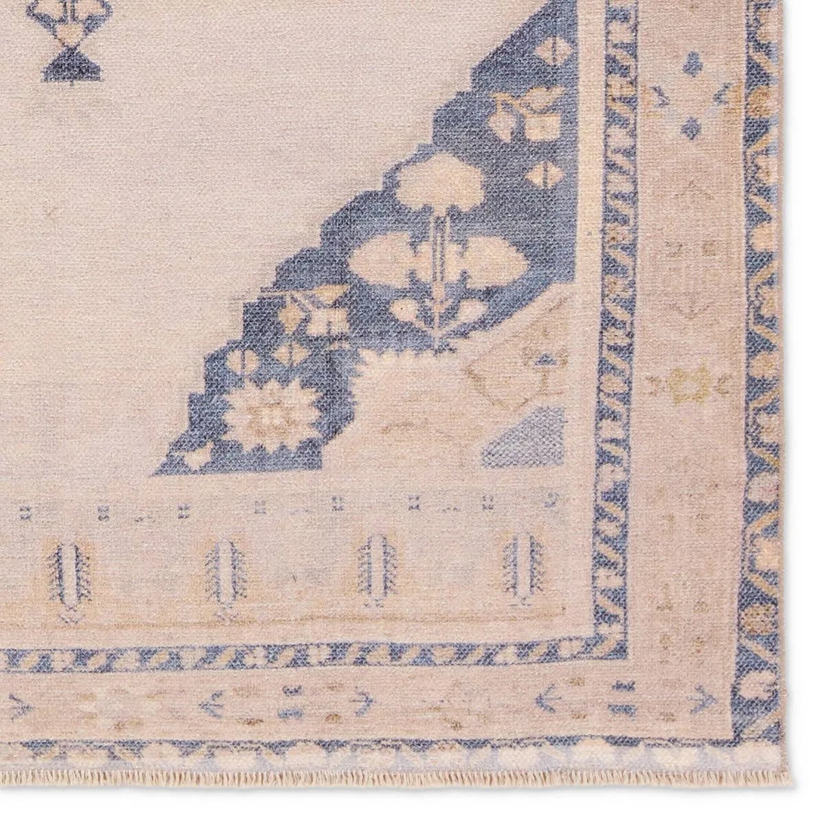 Featuring Lumal Debolo Rug by Jaipur Living at Amethyst Home. Distressed, vintage designs offer an elevated tone for the Lumal Collection. The Debolo rug features a vintage-inspired medallion, geometric border, and floral detailing in tones of tan, blue, yellow, and gray. This machine washable rug is stain resistant and easy to clean, perfect for homes with chi. Amethyst Home provides interior design, new home construction design consulting, vintage area rugs, and lighting in the Omaha metro area.