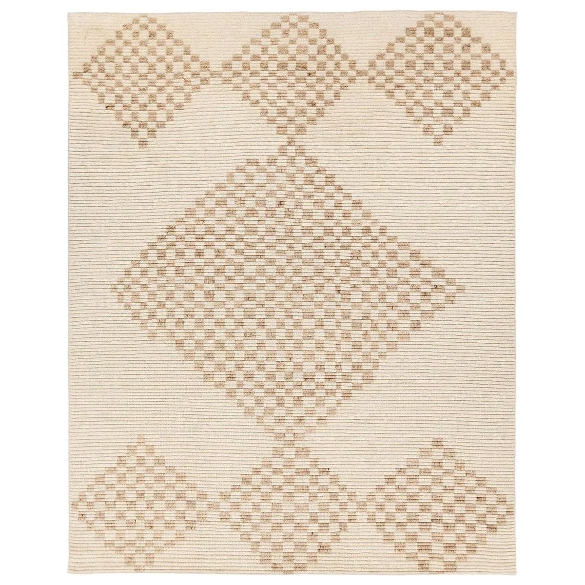 A stunning array of globally inspired designs in neutral tones define the handknotted Merzouga by Heja Home Sarenthia. The Moroccan-inspired Sarenthia design showcases several checkered diamonds in cream and taupe tones. The 100% wool pile is soft underfoot and inherently stain-resistant. Amethyst Home provides interior design, new home construction design consulting, vintage area rugs, and lighting in the Salt Lake City metro area.
